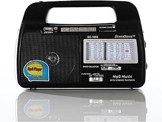 Supersonic SC-1082 9-Band AM/FM Portable Radio - USB Compatible/SD Card Slot - Rechargeable Battery, Black, 8.25 x 3.50 x 6 inches