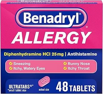 Benadryl Ultratabs Antihistamine Allergy Relief Medicine, 25 mg Diphenhydramine HCl Tablets for Relief of Cold & Allergy Symptoms Such as Sneezing, Runny Nose, & Itchy Eyes & Throat, 48 ct
