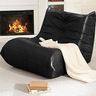 Giant Bean Bag Chair Lazy Floor Sofa, Memory Foam Fireside Sofa for Adults, Big Beanbag Faux Leather Armless Chair for Living Room Bedroom Dorm Office (Black, Single)