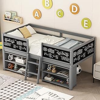 Bellemave Twin Size Low loft Bed with Movable Shelves for Kids,Kids Low Loft Bed Frame with Guardrail Chalkboard and Storage,Solid Wood Loft Bed Twin for Boys,Girls(Gray)