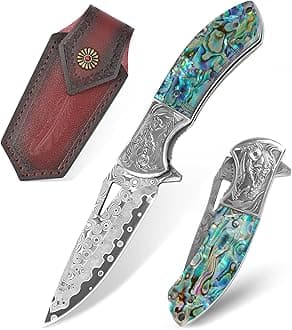 Damascus Pocket Knife with Sheath, Handmade Forged 3.35" VG10 Damascus Steel Blade Folding Knife with Abalone Shell Handle, EDC Camping Knives for Outdoor Indoor, Ideal Gifts for Women Men