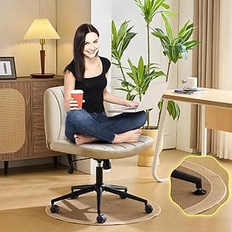 VINGLI Criss Cross Legged Chair,Wide Comfy Office Desk Chair,Dual-Use with/no Wheels Computer Task Chair,Swivel Armless Vanity Rolling Chair for Study,Make Up,Home Office,Cat Scratch PU Leather,Khaki