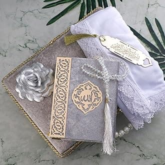Modefa Islamic Luxury Pearl Islamic Gift Set - Holy Quran in Arabic - Velvet Box with Quran, Hijab, Tesbih, & Bookmark (Grey)