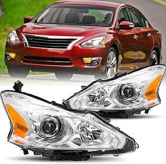 Headlight Assembly Set for 2013 2014 2015 Nissan Altima 4-Door Sedan Halogen Headlamp Driver and Passenger Side Chrome Housing with Amber Reflector
