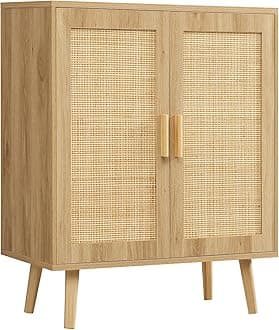 Iwell Storage Cabinet with 2 Shelves, Rattan Cabinet with 2 Doors, Sideboard Buffet Cabinets with Storage for Living Room, Dining Room, Entryway, Natural