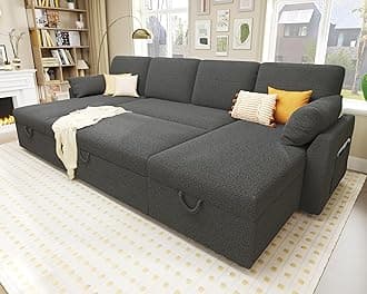 PaPaJet 110 Inch Sleeper Sofa, Oversized Pull Out Couch with Double Storage Chaise, U Shape Couches for Living Room-Grey Boucle