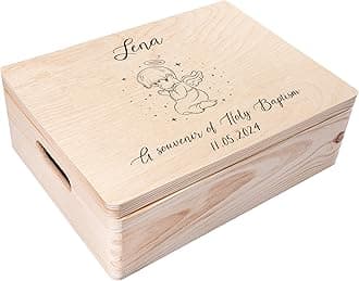 Personalized Wooden Storage Box Baptism Box | 15.8x11.8x5.5in (+-0.5) | Candle | Hinged Lid Handles Engraving | Unpainted Gift Box | Rough UNSANDED Keepsake Souvenir Chest