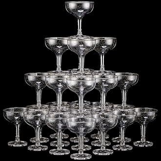 Zopeal 30 Pcs Champagne Coupe Glasses 5 oz Plastic Champagne Tower Disposable Martini Glasses Stackable Stemmed Margarita Coupe for Wedding Birthday Valentine's Day Party Bar(White,Gold Glitter)