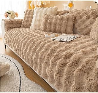 MERRYLIFE Thick Plush Faux Rabbit Fur Sofa Slipcovers 1-Piece Non-Slip Warm Soft Cozy Couch Covers Pillow Covers Furniture Protector(Coffee, Sofa Cushion 90 * 240cm)