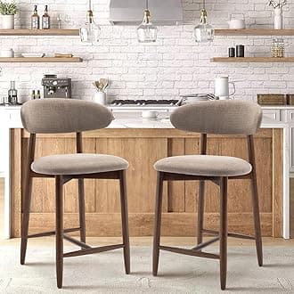 COLAMY Counter Height Bar Stools Set of 2, Kitchen Bar Stools with Back, Mid Century Modern Upholstered, with Wood Legs for Kitchen Island Dining Room, Camel