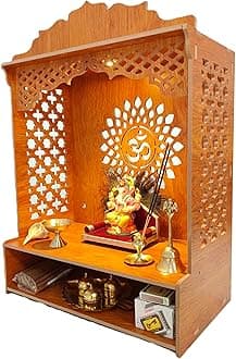 Beautiful Wooden Temple | MDF Pooja MANDIR for Home and Office use with LED SPOT Light | Engineered Wood Pooja Stand with Storage Shelves | (Size - H 21 x L 16 x W 9 inch) S15