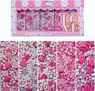 Confect Love Sprinkles Mix – Pink Mini Lips, Roses, Silver Hearts, Pearls & Vermicelli – Edible Cake & Cupcake Toppers for Anniversary, Wedding, Birthday – 5 Pack (5 oz Total)