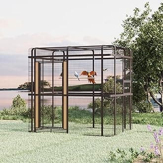 87-inch Outdoor Large Walk-in Cage Heavy Duty Bird Cage Carbon Crystal Board Aviary Parrot Cage Wide Flight Metal Birdcage for Macaw Budgie Conure Lovebird Parakeet Cockatiel, 7.22x5.25x6.8ft, Brown