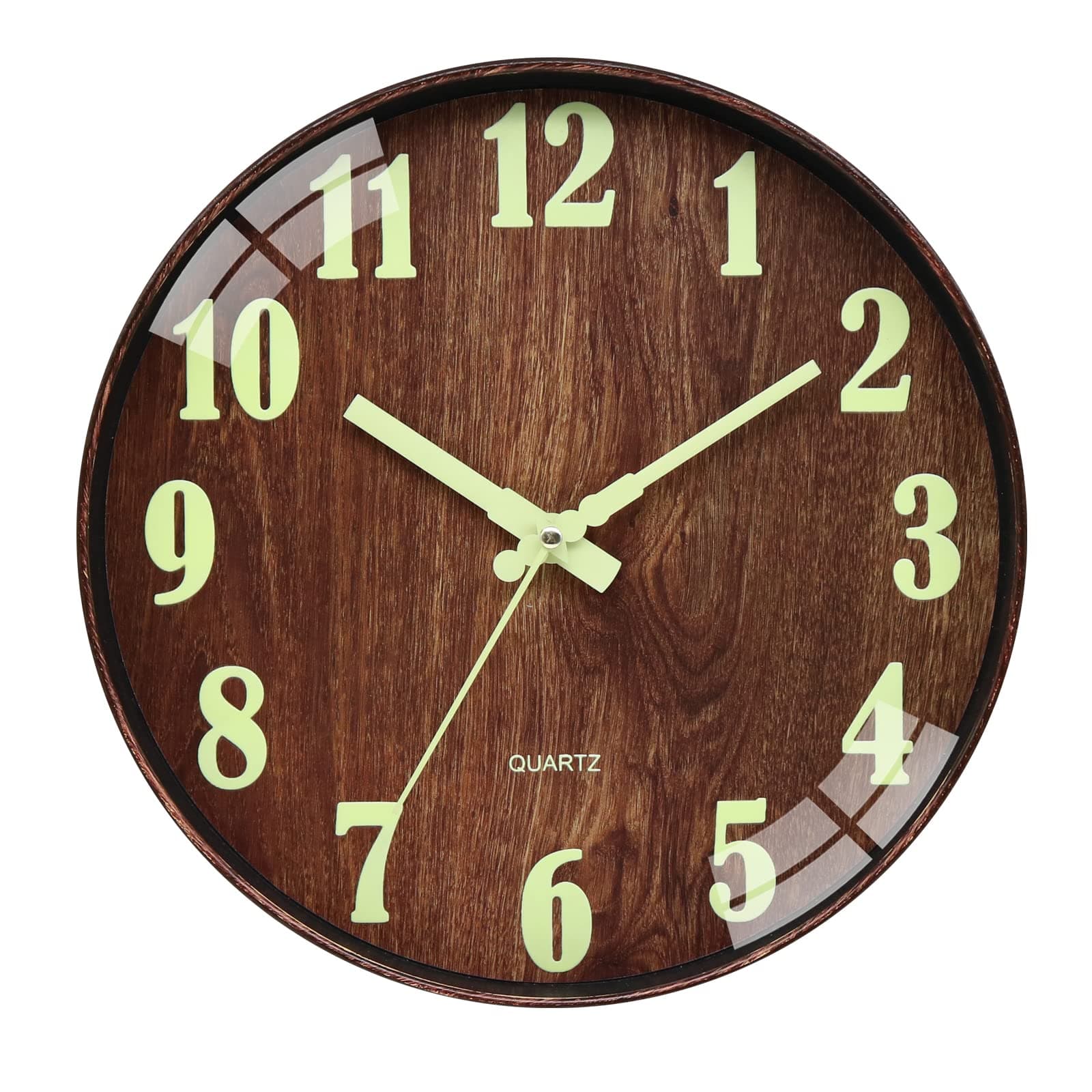 Wall Clocks Night Light Function Wood Grain 12 Inch Non Ticking Silent Quartz Battery Operated Round Easy to Read