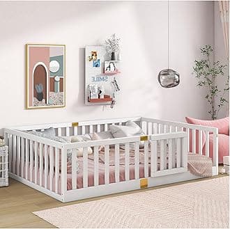 Tatub Full Montessori Floor Bed with High Rails, Solid Wood Montessori Bed Frame for Kids, Door Can Install Left and Right, Full-White