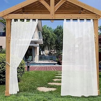 Outdoor Curtain for Patio, White Linen Look Semi-Sheer Curtains Waterproof Gazebo Curtains Detachable Sticky Tab Top for Pergola Balcony Pool Indoor 2 Panels, W52 x L84
