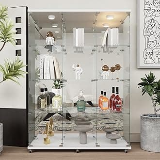 Beauty4U Glass Display Cabinet with LED Lights and Mirror, Extra Large 3 Columns Curio Cabinets with 12 Shelves for Living Room, Bedroom, Office, White Floor Standing Bookshelf, Quick Installation