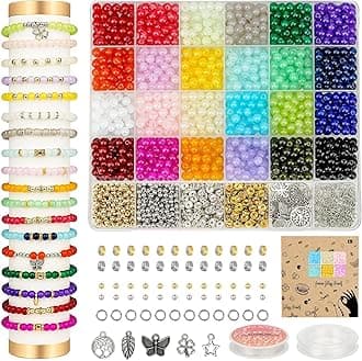 Sistenia 1400pcs Glass Beads 6mm Bracelet Making Kit, 24 Colors Crystal Beads for Jewelry Making Round Beads DIY Crafts with Spacer Beads Charms Accessories