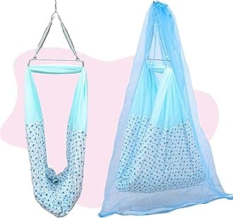 Ventilated Cradle (Jhula) comprising of Cradle Cloth with Spring, Hanger and Mosquito Net (Blue Cloth Spring)