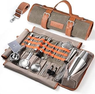 Etens Travel Bartender Kit – 22-Pc Bartending Kit with Bar Tools Bartender Accessories, Waxed Canvas Tool Bag – Professional Stainless Steel Bar Tools Set with Standard Jigger, Unbreakable Squeezer