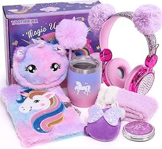 Tacobear Unicorn Gifts Girls Toy Age 5 6 7 8-12 with 3.5mm Wired Headphones Locked Diary Water Bottle Plush Bag Purse Socks Mirror, Christmas Birthday Gift Idea Toys for Teen Girl 6-10+ Years Old