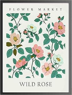 Wild Rose Art Print, Flower Market Poster Wall art Decor, Botanical Floral Artwork for Bedroom, Bathroom, Living room Decoration (Wild Rose, 16x20 inches + (Black Frame))