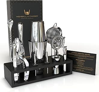 Highball & Chaser 13-Piece Boston Cocktail Shaker Set Stainless Steel Mixology Bartender Kit With Stand For Home Bar Cocktail Set | Laser Engraved Cocktail Tools | Plus E-Book with 30 Cocktail Recipes
