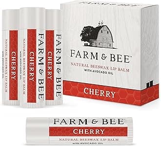 Natural Lip Balm - Organic & Natural Ingredients - Beeswax Based Moisturizing Lip Care Chapstick for Chapped Lips - Great Gift Idea - Farm & Bee - 0.15oz (Pack of 4 - Cherry)