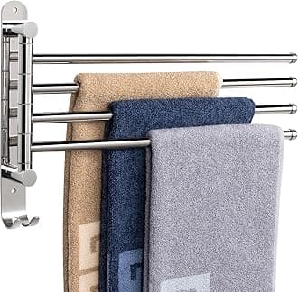 NearMoon Swivel Towel Rack, 13.8" Thicken 304 Stainless Steel 4-Arm Towel Bar, Space Saving Wall Mounted Towel Holder with Hook, Rustproof Swing Out Towel Hanger for Bathroom, Kitchen (Chrome Finish)