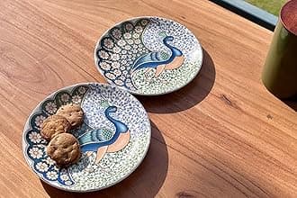 GOLDEN QUEEN'S Snack Plates Set of 4 | Perfect for Snacks, Desserts, Appetizers, Salads, Tapas, Cheese | 7 inches Wide | Microwave Safe (Indian Peafowl)