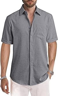 JMIERR Mens Linen Summer Beach Short Sleeves Casual Button Down Shirts for Man Vacation Tropical Resort Light Shirt with Pockets, M, Dark Grey