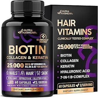 Biotin | Collagen | Hyaluronic Acid | Keratin - Clinically Tested Supplement - Hair Growth Support, Skin & Nails - 25000 mcg Vitamins B2, B3, B6 & B7 + B1 - Made in USA - Women & Men | 60 CapsulesClimatePartner certified
