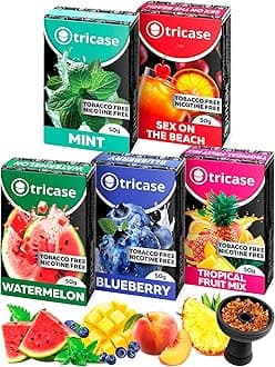 5 pcs Shisha Hookah Favors Bundle 1.7 oz Each - Sex on the Beach, Tropical Fruit Mix, Watermelon, Blueberry, Mint - Hookah Flavors Nicotine Free made from Tea Leaves with Organic Shisha Hookah Flavors