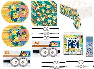 Unique Despicable Me Minions Party Supplies Bundle Pack for 16 includes Dessert Cake Paper Plates, Beverage Cake Napkins, Table Cover, Blowouts, Dinosaur Stickers