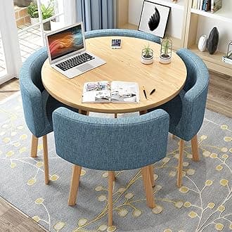 Round Kitchen Dining Table Set for 4, Space Saving Table and Chairs Set with Thick Tabletop 4 Upholstered Chairs, Dinning Room Modern Casual Coffee Table Set(D 31.5inch/80cm, BlueA)