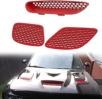 ECOTRIC Hood Scoop Vent Compatible with 2015-2018 Dodge Challenger SRT Hellcat & 2019-2023 R/T Scat Pack Replace for 68184348AD, 68184348AB, 68184348AF, 68184352AB, 68184353AB Red Hood Bezel Grill