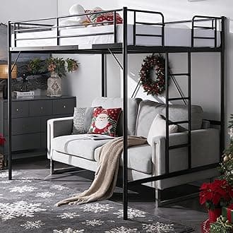 VINGLI Loft Bed Full Size with Flat Rungs for Adults, Kids and Young Teens, No Box Spring Required,Heavy Duty Metal Slat Support,Black