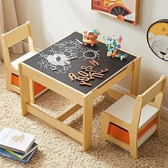 GTOLV Kids Table and Chair Set, 3 in 1 Wooden Activity Table with Storage Drawer for Toddlers Drawing, Reading, Crafts, 2 in 1 Detachable Tabletop Table Set for Nursery, Playroom (Natural)