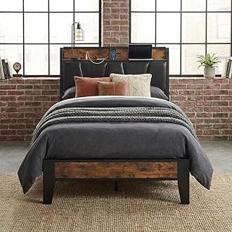 Twin Bed Frame, Storage Headboard with Charging Station, Solid and Stable, Noise Free, No Box Spring Needed, Easy Assembly (Vintage and Black)