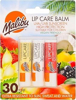 Malibu Lip Care Balm, Vanilla, Tropical, Strawberry, SPF30