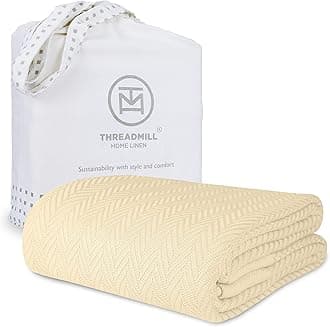 Threadmill 100% Pure Cotton, King Size Vanilla Cream Blanket - Herringbone Pattern, Soft & Cozy Premium Fall Throw Blanket for All Seasons, 350GSM & 106x92 with Free Tote Bag