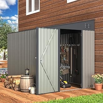 UNIONLINE 6x8ft Lean to Storage Metal Garden Shed | 182x245x203 cm | Waterproof | 4.4m² 7.6m³ | Lockable Door | Bike Tool Sheds for Backyard Patio | Garbage Can | Grey