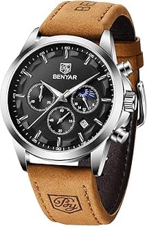 BENYAR - Stylish Wrist Watch for Men, Genuine Leather Strap Watches, Perfect Quartz Movement, Waterproof and Scratch Resistant, Analog Chronograph Business Watches, Best Mens Gift.