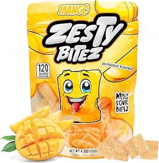 Zesty Bitez - Mango Sour Candy Bites – Tangy Chewy Fruit Snacks, Sour Belts & Straws Flavor, Enjoyable Sweet Treats for Kids & Adults, Vegan, Resealable Bag 4.2 oz