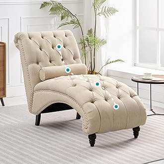 BALUS Chaise Lounge Chair Indoor, Button-Tufted Armless Upholstered Tlited Backrest Chaise Lounge with High-Density Sponge Seat Cushion & Support Pillow for Living Room Office, Beige