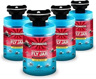 Catchmaster Outdoor Reusable Fly Traps Outdoor with Food-Based Lure Included – 4 Pesticide-Free Hanging Fly Jars – Bug Catchers for Yard, Patio & Trash – Sets Up in Seconds