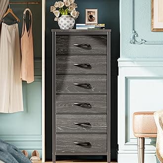 Huuger Tall Dresser for Bedroom, 6 Drawer Dresser & Chests of Drawers, Fabric Dresser for Closet, Bedroom, Night Stand, End Table with Metal Frame, Storage Tower, Charcoal Black Wood Grain Print