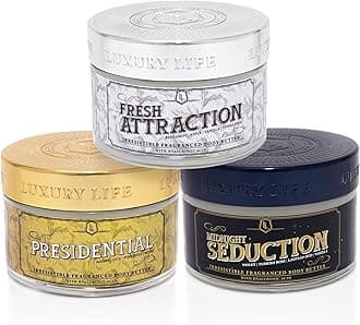 LUXURY LIFE BUTTER - Irresistibly Scented Body Butter with Hyaluronic Acid for Ultimate Moisture. Hydrates for a Non-Greasy Glamorous Glow (Presidential, Fresh Attraction, Midnight Seduction 5 oz)