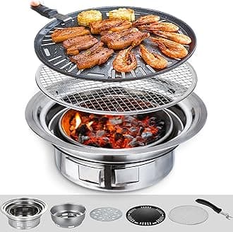 Puraville Charcoal Barbecue Grill, 13.7 Inches Non-Stick Korean BBQ Grill, Portable Stainless Steel Charcoal Stove for Home Party Outdoor Camping