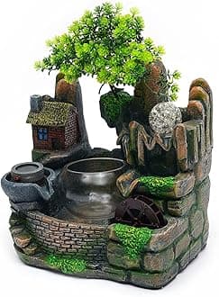 Tabletop Water Fountains Home Office Desktop Waterfall Rockery Water Fountain with Fake Plants Feng Shui Decor for Good Luck Wealth (Type 2)
